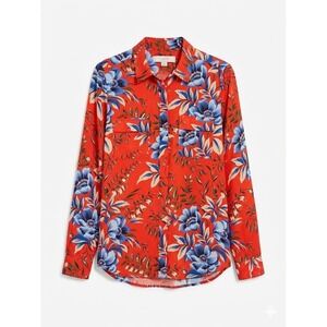LOFT Womens Floral Button Down Shirt Red Blue Chest Pocket Roll Up Sleeve SizeXS